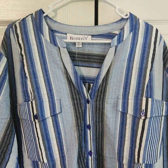 Roaman's Womens Multi-colored Striped V-neck Button Top Size 30W NWOT Seersucker - Picture 7 of 12